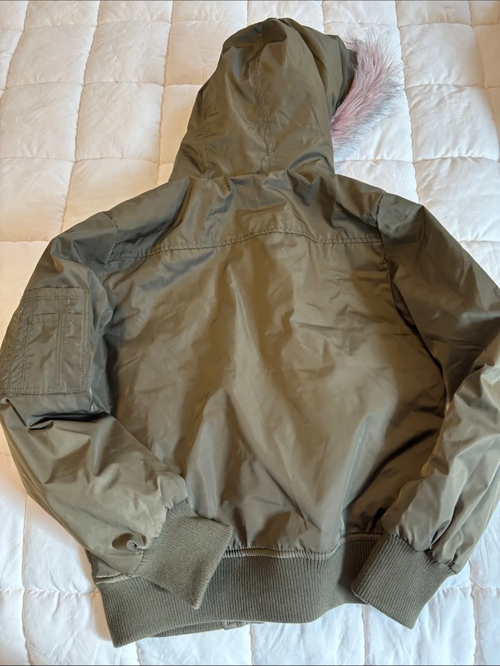Me Jane Olive Green Hooded Puffer Jacket with Pink Fur Trim